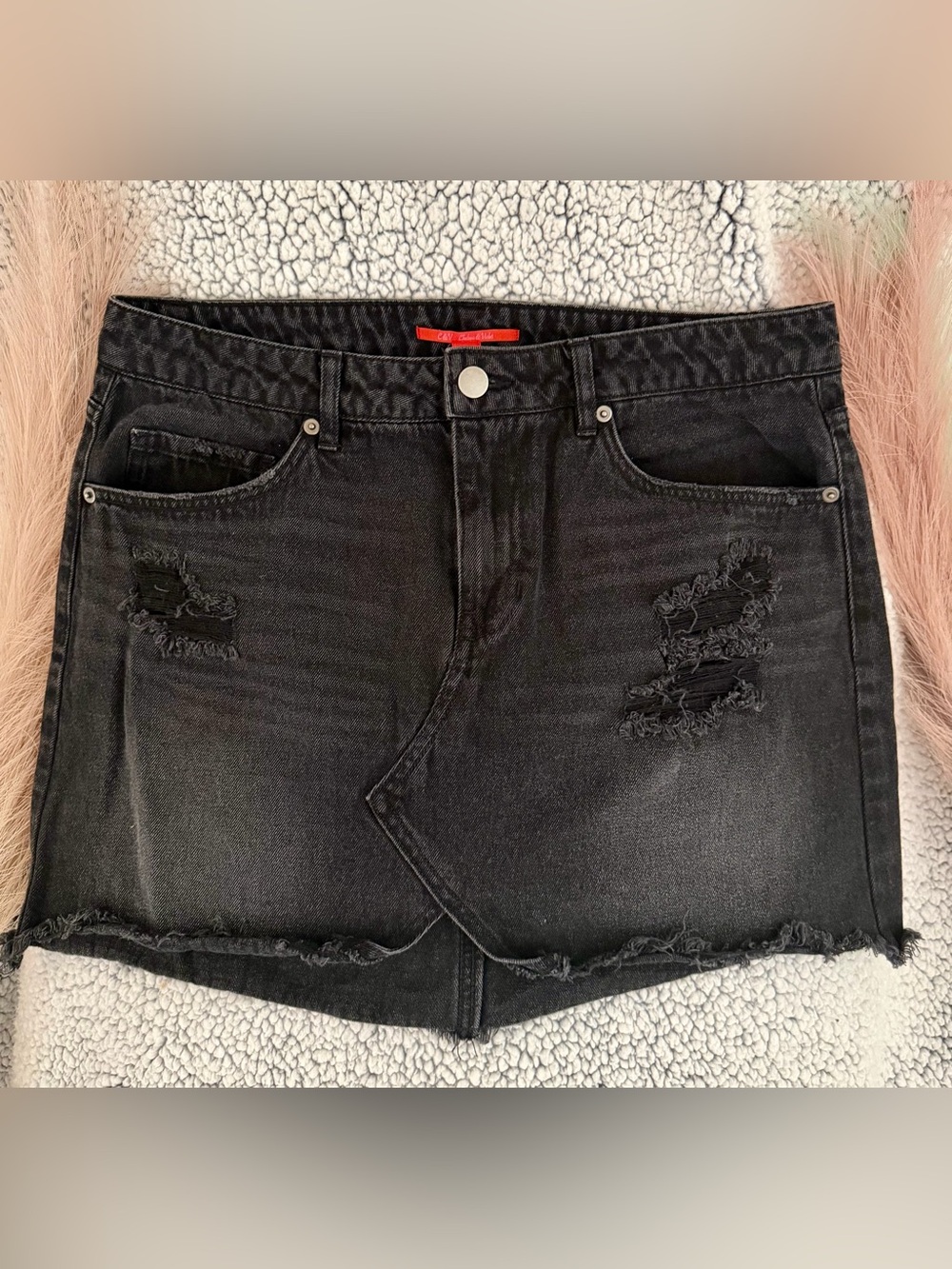 Chelsea & Violet Black Denim Mini Skirt with Distressed Finish